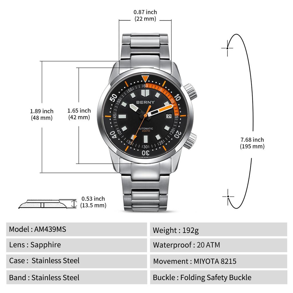 BERNY Watch Automatic Watch Diving Watch Automatic Mechanical Watch 20ATM Waterproof Sapphire Glass Super Luminous Watch Diver's Men's Men's Diver's