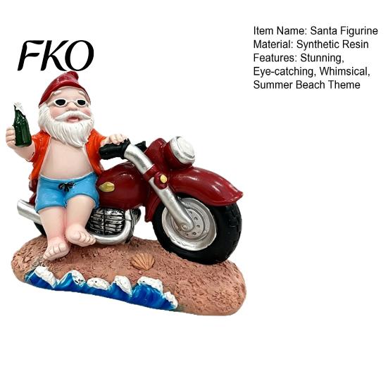 Vacation Themed Decor Funny Summer Beach Santa Motorcycle Figurine with Beer, Resin Motorbike Gnome Colorful Painted Sculpture, Outdoor Garden
