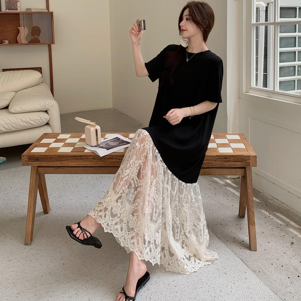 Dimanaf 2025 Лето Плюс Размер Платье Женское Свободное Винтажное Повседневное Базовое Оверсайз Кружевное Сращивание Длинное Платье