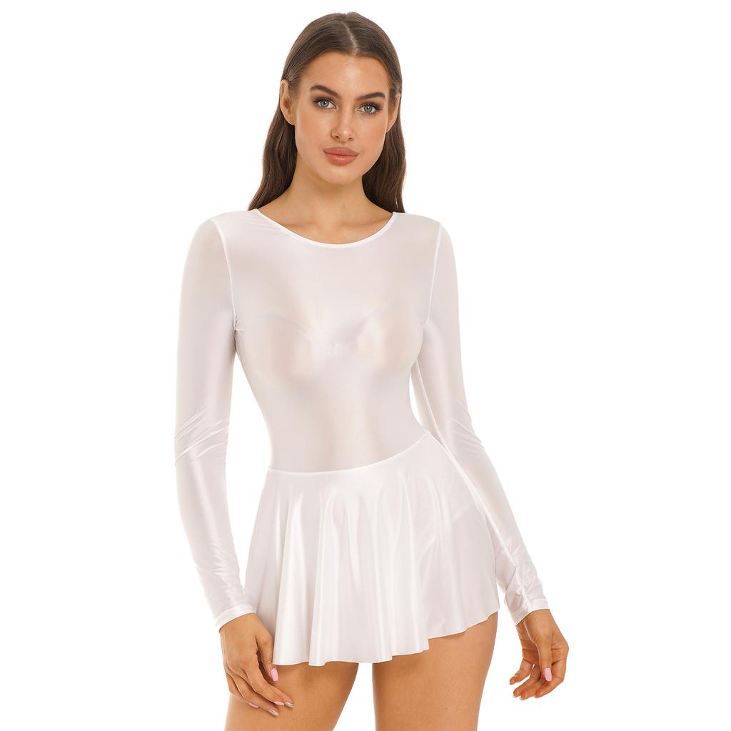 Woman Dance Gymnastics Skirted Leotard Dress Long Sleeve Sports Dance Party Mini Dress Swim Dresses