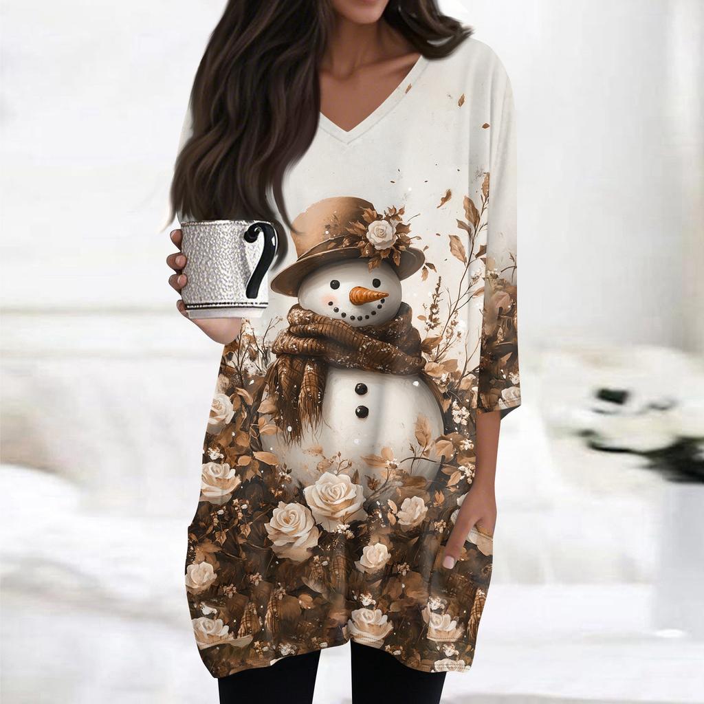 Женские топы с V-образным вырезом и рукавом 3/4, повседневные блузки средней длины, модные туники с рождественским принтом и карманами