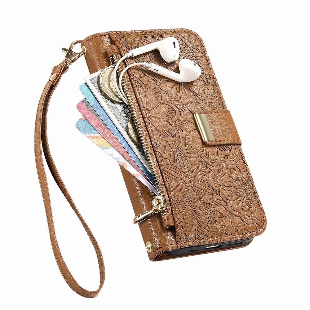 Чехол-кошелек для телефона с 6 отделениями для карт, карманом на молнии для монет, подставкой для просмотра без рук и ремешком на запястье, цветочный дизайн для iPhone / Samsung