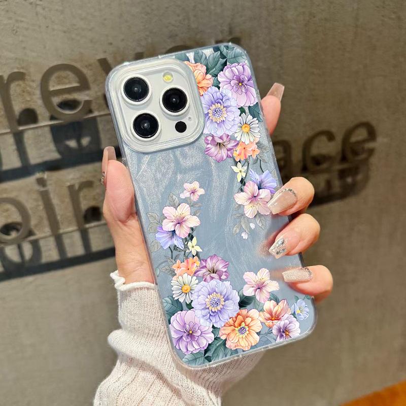 Для iPhone 16 Plus 15 Pro Max 14 Pro 13 12 11 чехол роскошный блестящий цветочный принт глянцевый ударопрочный TPU PC тонкий прозрачный чехол для телефона