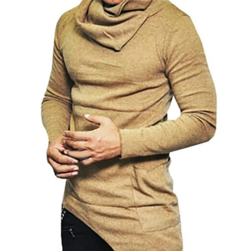 Весна Осень Новые Футболки с высоким воротником-стойкой и длинными рукавами, однотонные, в стиле хай-стрит, мужские, модные, с карманом, лоскутные, асимметричные пуловеры