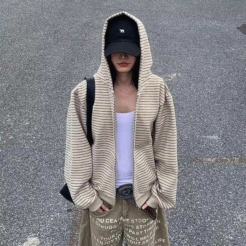 Унисекс Американский Ретро Пэчворк В Полоску Кардиган на Молнии с Капюшоном 2025