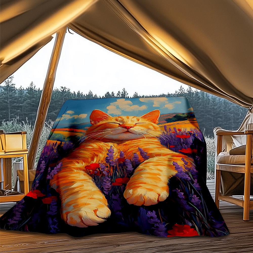 1pc Lavender Field Cat Print Outdoor Soft Polyester Flannel Throw Blanket Versatile for All Seasons , Soft , Cozy , Warm All Season Quilted Throw ,