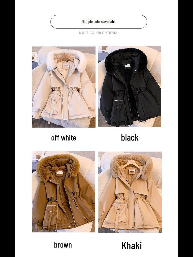 Женская парка 2024 года со съемной меховой отделкой: Утягивающая хлопковая куртка, плюс бархат, толстое зимнее пальто