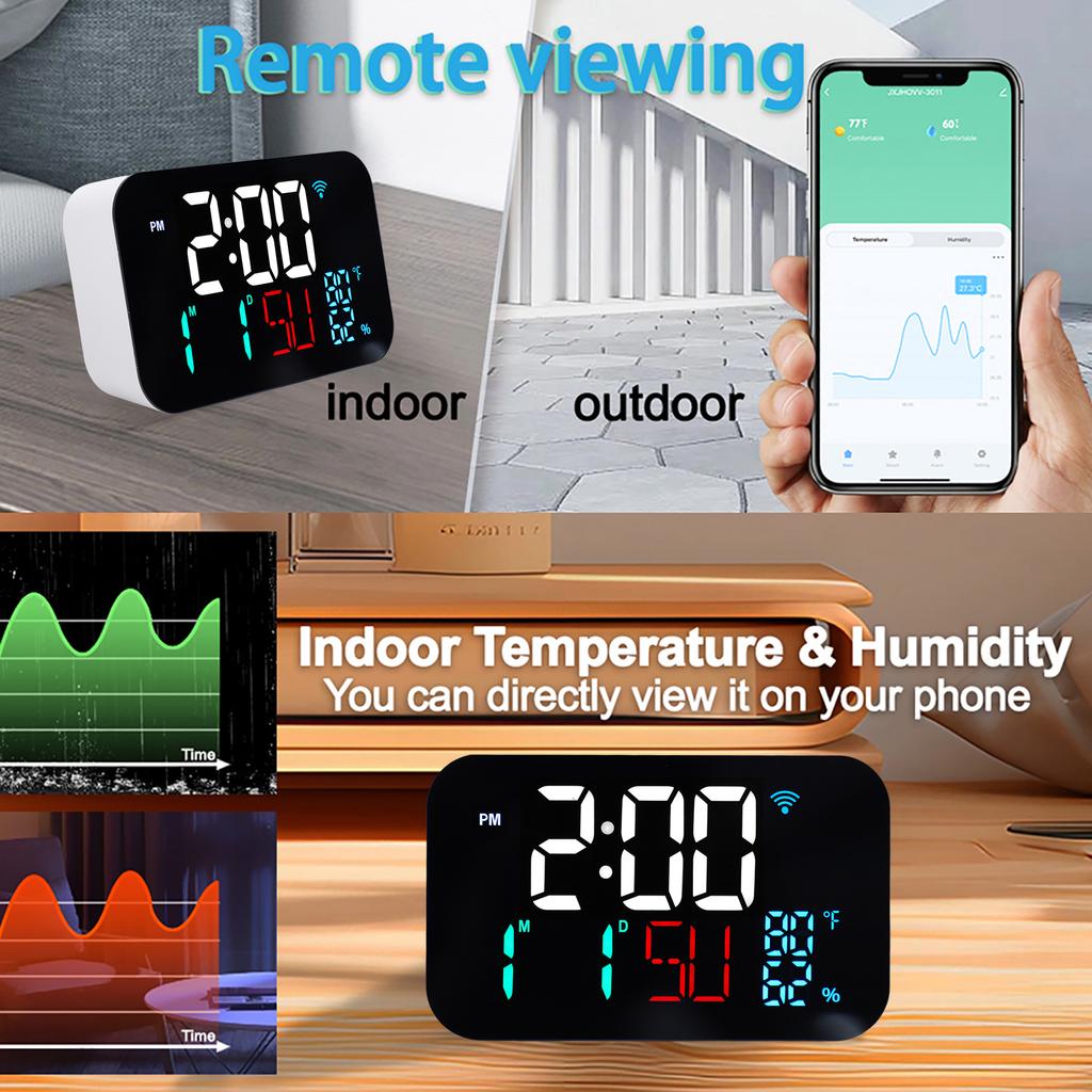 Умные часы-термометр-гигрометр WiFi, цифровые часы, метеостанция, будильник, дата, день недели. Совместимы с приложением Tuya Smart. Удаленное управление.