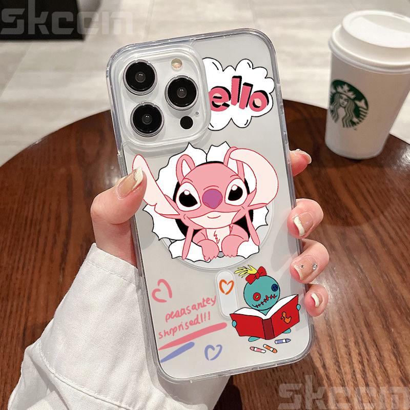 Disney Stitch And Angel Clear Case For Samsung Galaxy S25 S24 S23 S22 S21 Ultra Plus S20 FE For Magsafe Wireless Charging Cover