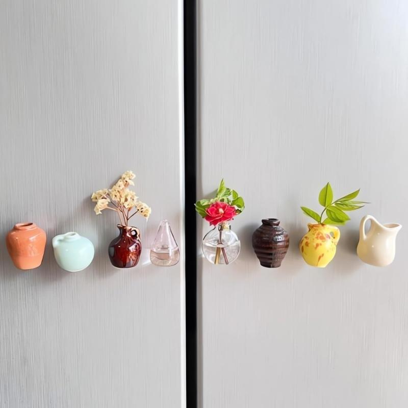5Pcs (no Plant) Mini Ceramics Vases Magnets Strong Magnetic Hold Buds Vases Magnets for Fridge Decoration and Office Use