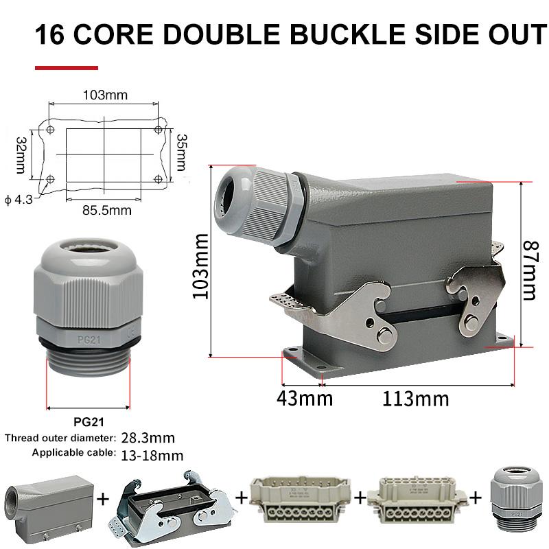 HE Rectangular Heavy Duty Connector 6 10 16 24 36 48 Pins Core Waterproof Aviation Industrial Plug Socket Top Lateral Line 16A
