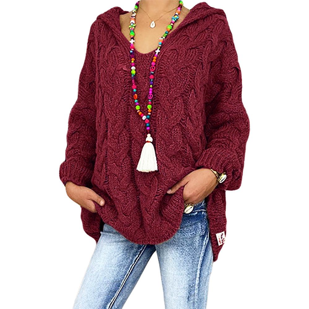 Women's Autumn and Winter Knitted Thickened Twist V-Neck Hooded Loose Sweater