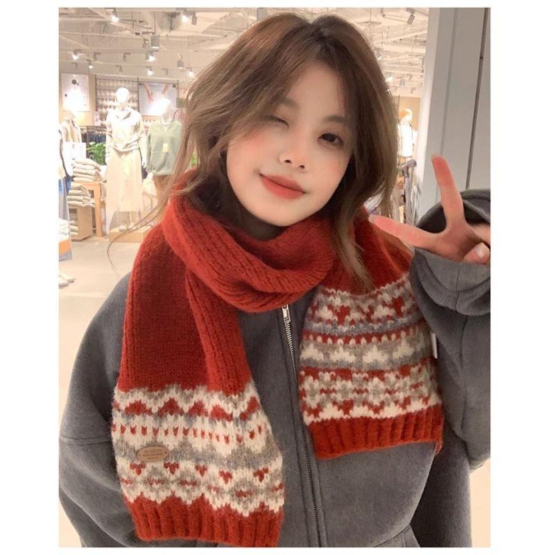 Autumn and Winter Retro Versatile Korean Style Wool Blended Warm Scarf Women's Fashion Fair Isle Pattern Couple Knitted Scarf