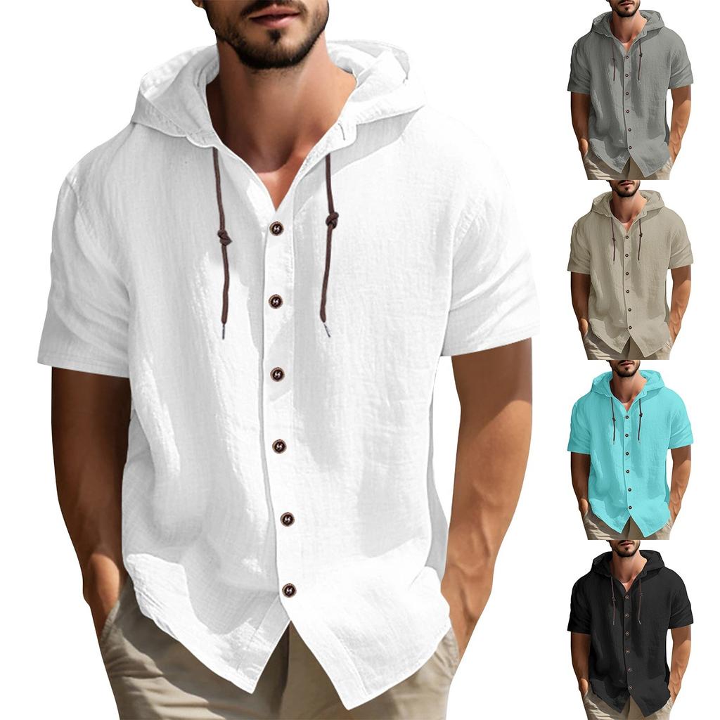 Men's Solid Color Casual Short Sleeved Shirt With Hood And Drawstring Cotton And Linen Cardigan