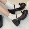 2025 French Mary Jane High Heels New Bow Leather Shoes Round Toe British Style Women's Shoes Comfortable Buckle Pumps