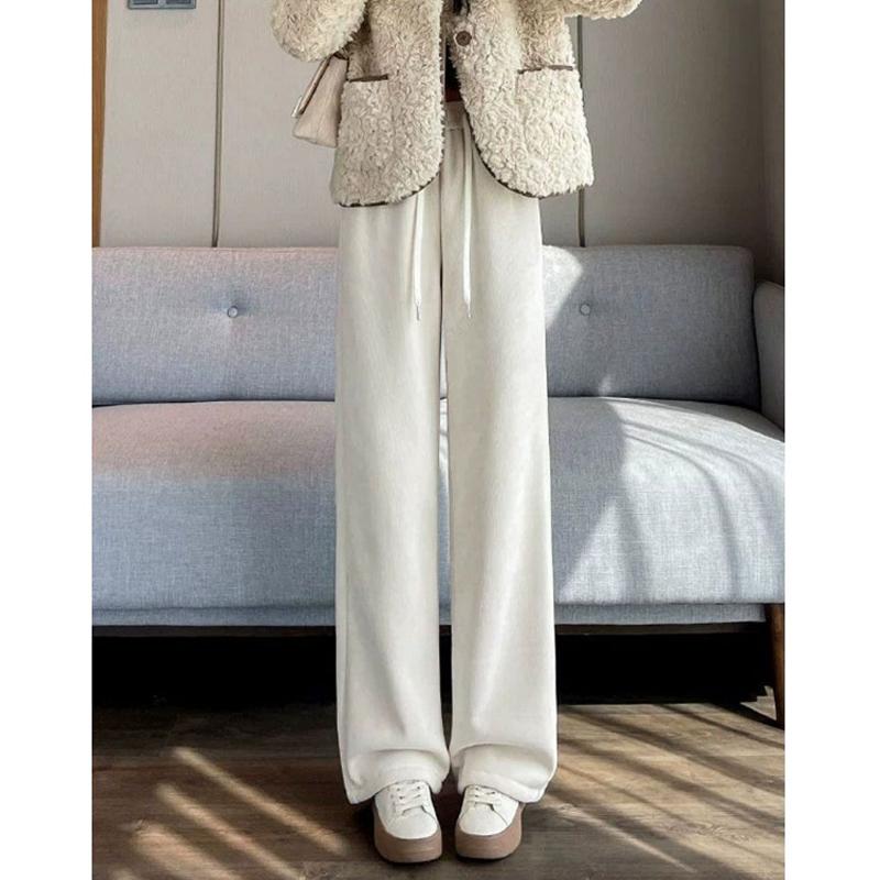 Осенние и зимние флисовые утолщенные женские брюки широкого кроя, свободные повседневные вельветовые брюки с завязками, однотонные простые прямые брюки, одежда 2052