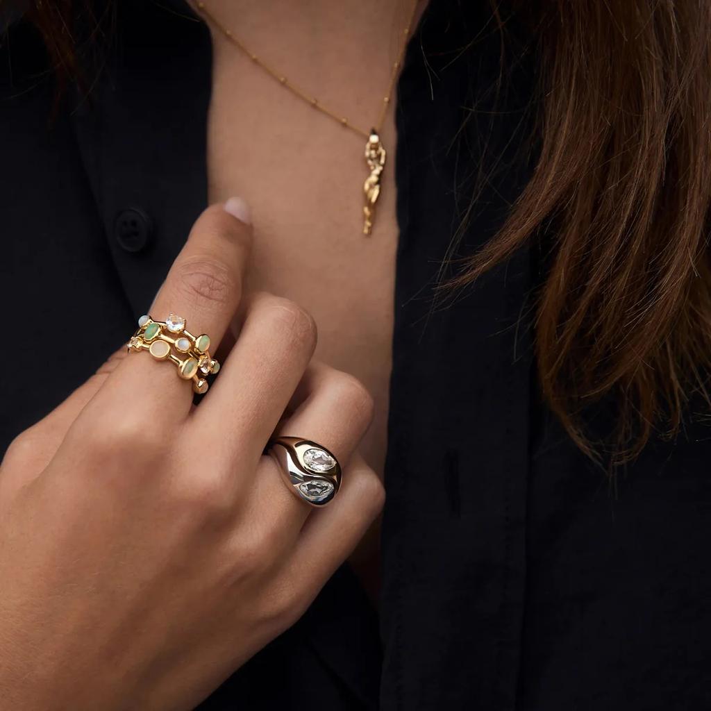 Youthway Минималистичный Модный Набор Колец из Нержавеющей Стали Двух Цветов с Белым Цирконом Двойные Слои Женские Украшения для Повседневной Носки Вечеринки