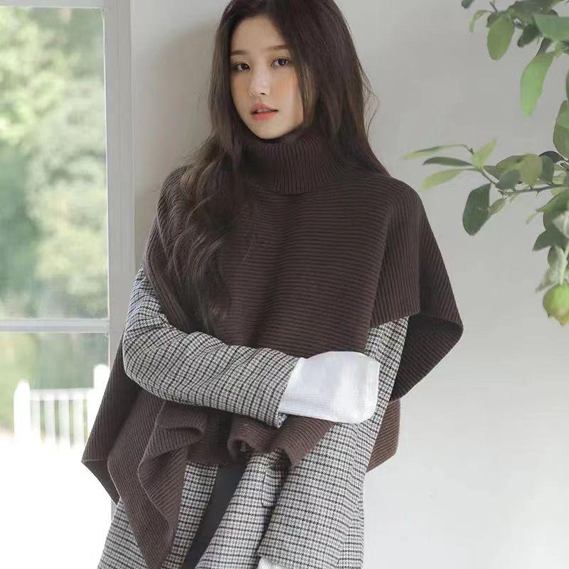 High Necked Irregular Women's Pullover Sweater Solid Color Ladies Cape Shawl Korean Style Simple Versatile Knitted Shawl