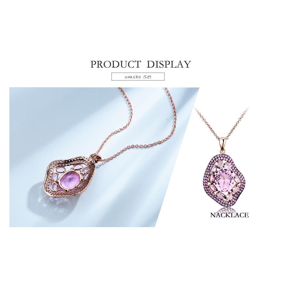 Umcho Oval Nano Pink Moganite Jewelry Sets Gemstone Pendant Necklace Rings Drop Earrings 925 Sterling Silver For Women Best Gift