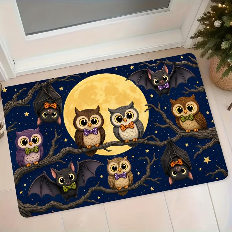 Halloween Bat & Owl Non-Slip Floor Mat Suitable for Home Entrance Door, Machine Washable Absorbent with Bat/Bat-Themed, Soft Suitable for Bathroom, Fo