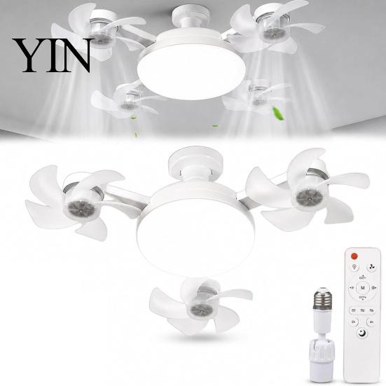 E27 Socket Fan 3/4/5 Blade Ceiling with Light & Remote Control, 2-in-1 Silent LED Drone Compact Ventilation Lamp Foldable Blades, 3-Speed Dimmable for