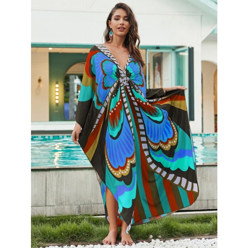 Женская мода весна осень цветные блоки принт длинный рукав V-образный вырез свободная талия повседневные платья