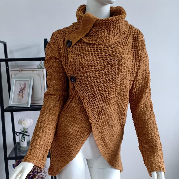 Осенне-зимняя мода, новый свитер с высоким воротником и длинным рукавом, нерегулярные пять косых пуговиц, трикотаж