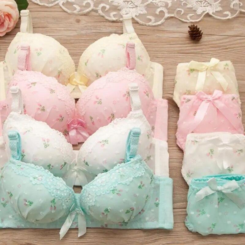 Кружевной хлопковый бюстгальтер с принтом бантом, женский комплект нижнего белья с эффектом пуш-ап, бюстгальтер на косточках, бюстгальтер и трусики, комплект нижнего белья