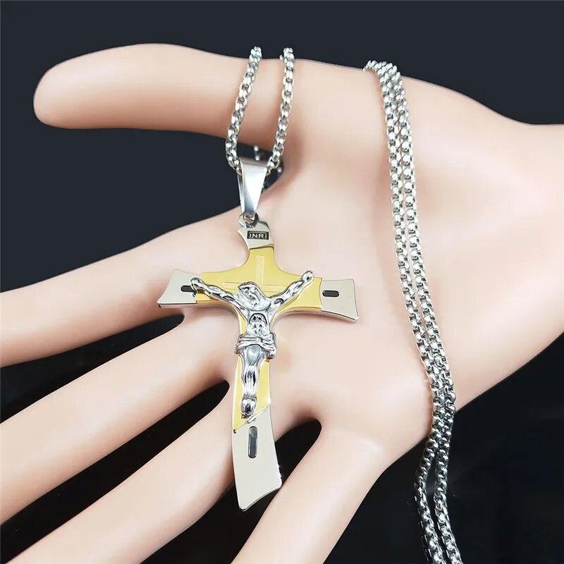 Cross Jesus Crucifix Stainless Steel Multilayer Pendant Necklace Gold Silver Color Male Necklace Jewelry Collier Homme NXH43S02