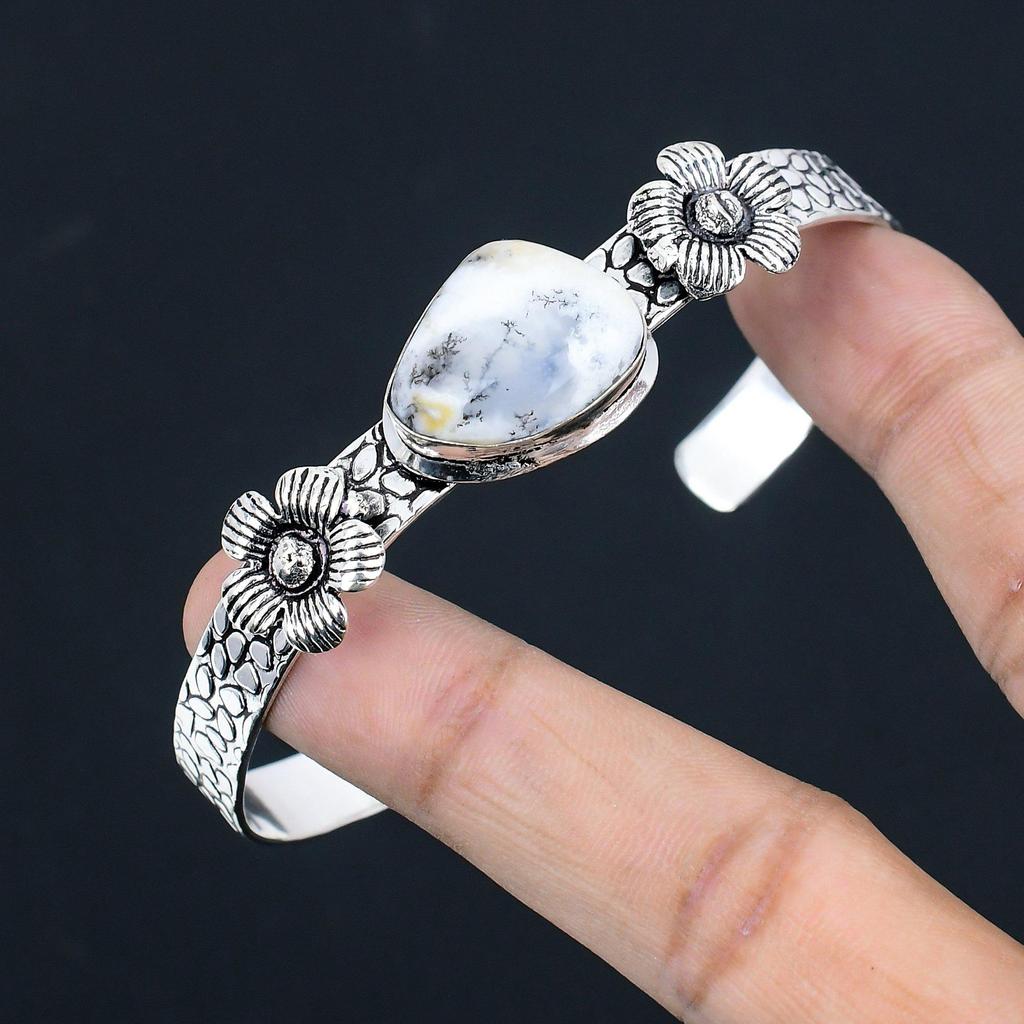 Daughters Day Deal 925 Silver Dendrite Opal Gemstone Wife Flower Bangle Jewelry