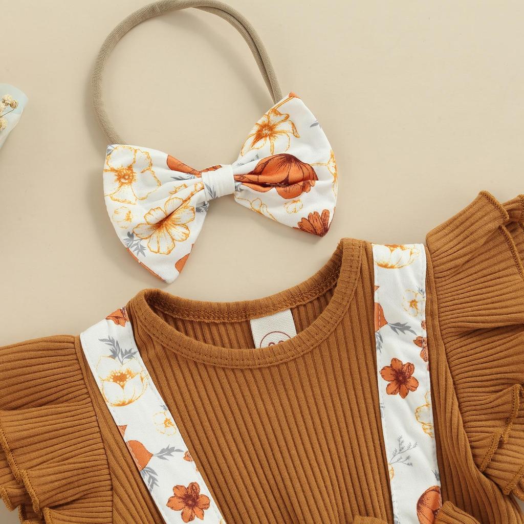 Летний комбинезон для маленьких девочек, платье с рюшами на рукавах и цветочным принтом, лоскутное боди + повязка на голову с бантом