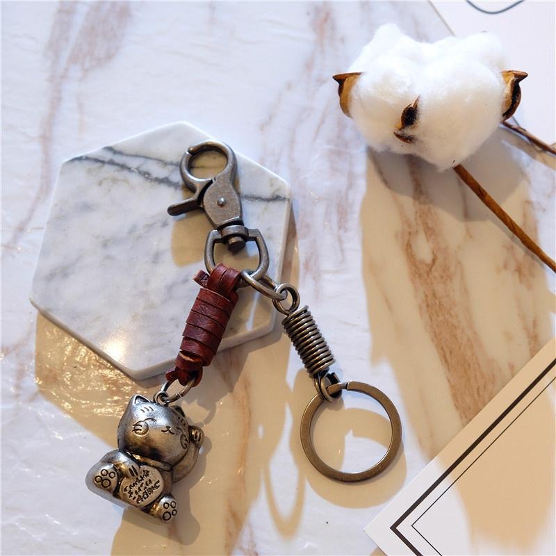 Винтажная воловья кожа с металлической подвеской Lucky Cat, кожаный брелок ручной работы в стиле панк