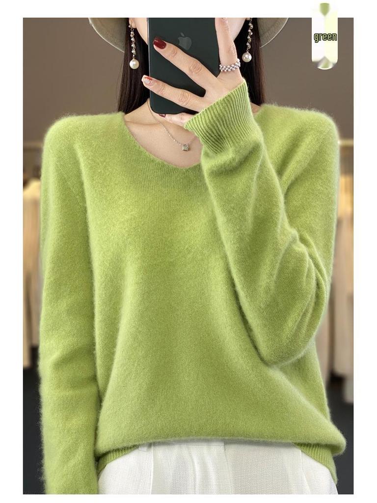Women's V-Neck Wool Sweater: New Autumn/Winter Solid Color, Loose Fit, Versatile Style.