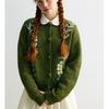 2025 Autumn Green Sweaters Cardigan Pockets Women Embroidery Pattern Printing Buttons Sweaters Knitting Loose Sweater