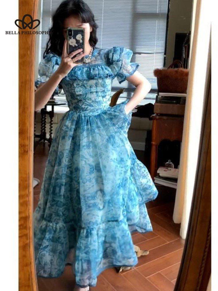 Французское винтажное сетчатое платье с рукавами-фонариками, летнее дворцовое платье принцессы, синее вечернее платье, платье для дня рождения, женское платье для выпускного вечера