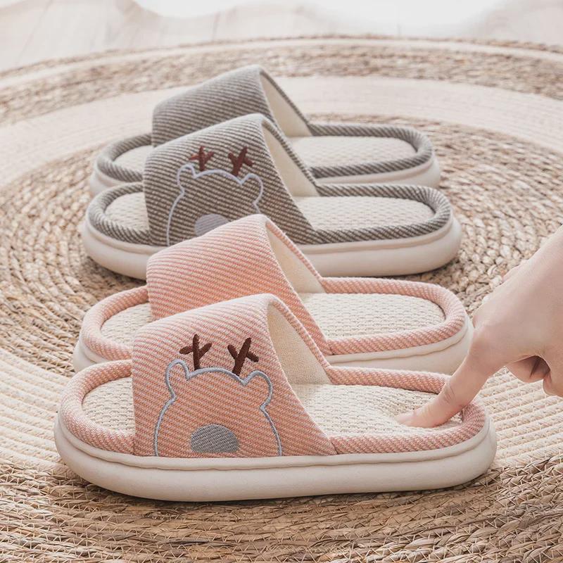 Linen Slippers with Thick Sole for Men & Women - All-Season, Non-Slip, Silent Indoor Sandals