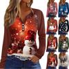 Women's Fashion Casual Christmas Print V-Neck Raglan Sleeves With Decorative Buttons Long Sleeved T-Shirt Top