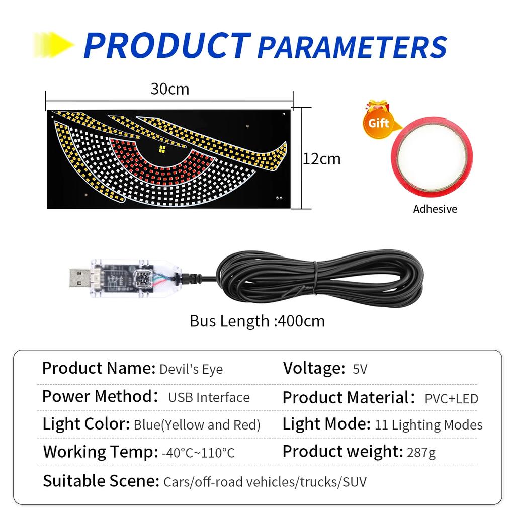 5V USB Windshield Dynamic LED Light Blinking Demon Eyes Lamp Plug & Use For Front & Rear Window 12V-36V Car Truck Decorate Light