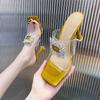 French Thin Heel Transparent Slippers Women's 2025 Summer New High Heel One-word Drag Rhinestone Internet Celebrity Transparent Sandals Women