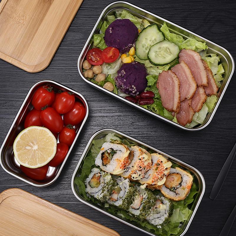 Ланч-бокс в японском стиле из нержавеющей стали 304 с деревянной крышкой, сохраняющий свежесть пищевой контейнер, портативный кейс для хранения для школьников и детей
