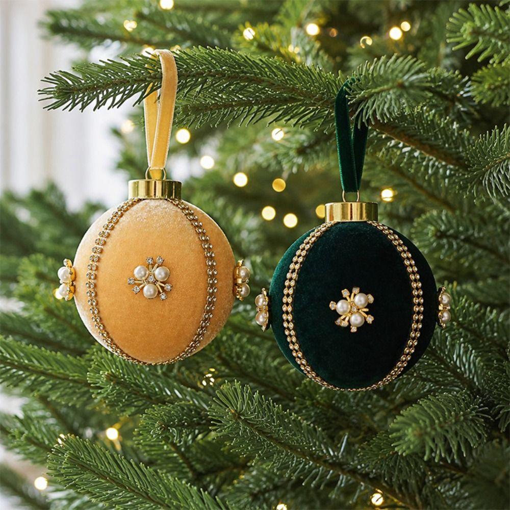 Velvet Finish Christmas Ball Ornament Rhinestone Trim Hanging Ball Ornament Festive Decorations