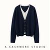 Cashmere Patchwork Two-Tone V-Neck Cardigan - Women's Long Sleeve Autumn/Winter Sweater
