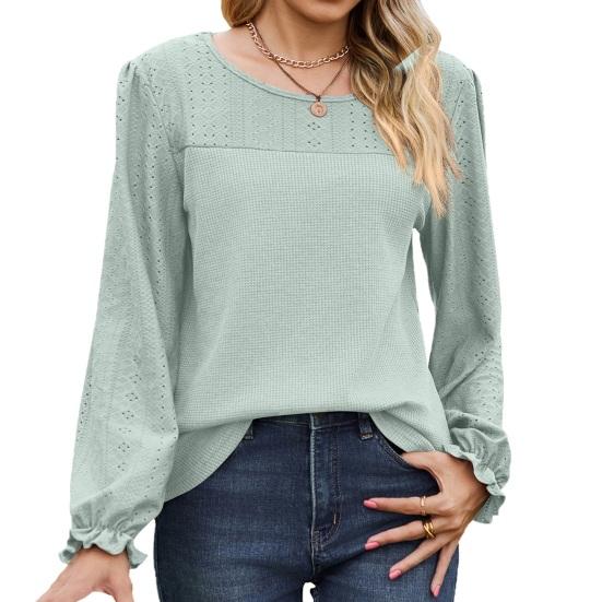 Women Tops Round Neck Puff Long Sleeve Solid Color Tee Shirt with Waffle Decoration Solid Color Loose Fit T-shirt