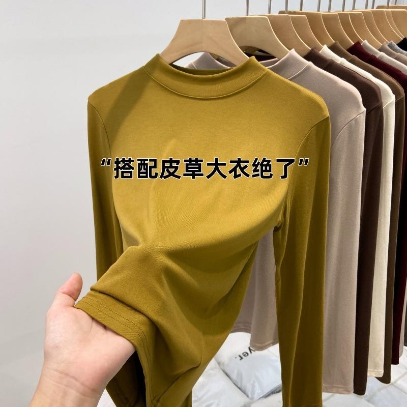 Теплая полированная базовая водолазка с маленькой стойкой, женская весенняя облегающая футболка с длинным рукавом для ношения под одеждой, тонкий бархатный базовый топ