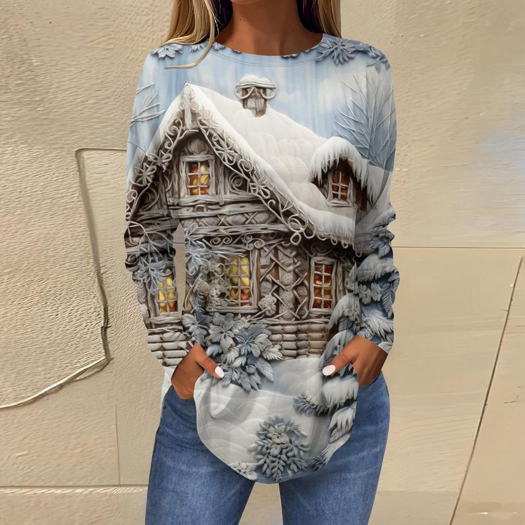Женская свободная футболка с круглым вырезом и длинными рукавами с принтом в стиле ретро, пуловер на Рождество