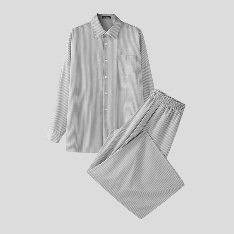 INCERUN Мужские комплекты из двух предметов: рубашка с лацканами, длинными рукавами и полосатым принтом, длинные широкие брюки