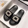 Fashion Big Size 34-43 Crystal Buckle Slippers Woman Glitter Cloth Slides Outside&Home Casual Flipflops Lady Slip On Flat Sandals Femme
