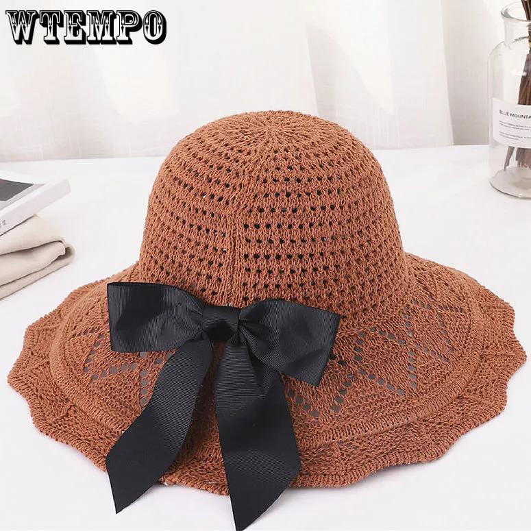 WTEMPO Summer Black Bow Wide Brim Outdoor Travel Knitted Hats Women's Foldable Solid Color Casual Versatile Hats