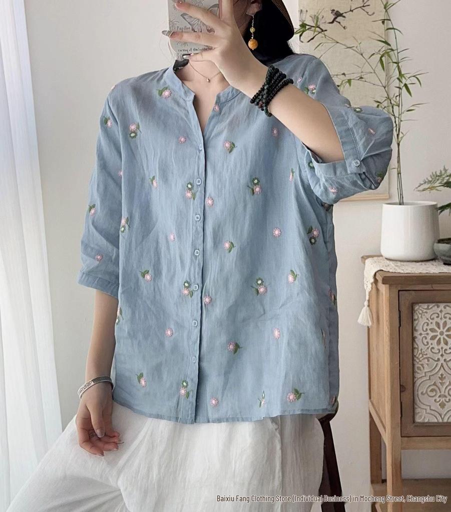 Linen Women's Retro Embroidered Stand Collar Shirt - Summer 2026 Short Sleeve