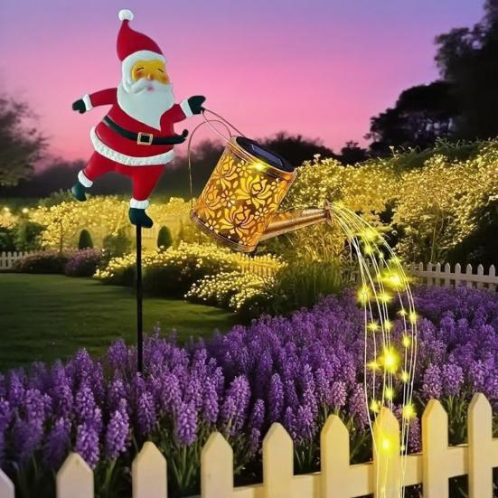Christmas Santa Solar Kettle Lights Garden Lawn Decorative Lights Waterproof Watering Can String Light Metal Santa Claus Ground Lamp